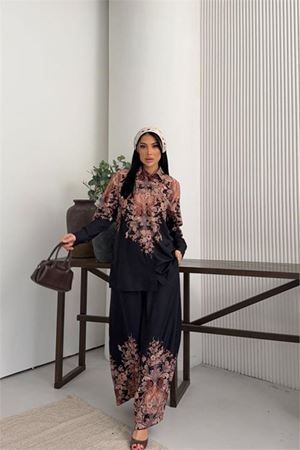 Neşeli butik kadın siyah desenli geniş kesim ikili tasarım takım NBMS2618