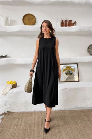 Neşeli butik kadın siyah cep detaylı kolsuz oversize yazlık elbise NBNP038
