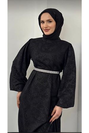 Neşeli butik kadın siyah taş detaylı tesettür elbise NMS001