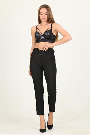 Neşeli butik kadın siyah kemerli yüksek bel havuç pantolon QNS033