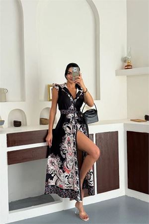 Neşeli butik kadın siyah kolsuz midi boy desenli düğme detaylı tasarım elbise NBMS2568