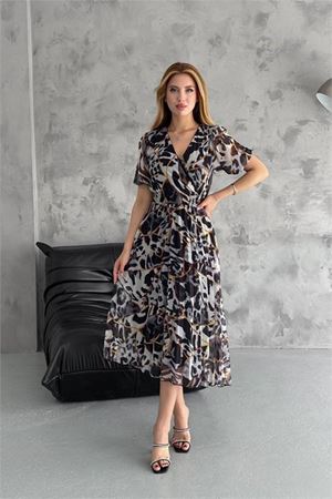 Neşeli butik kadın siyah kruvaze yaka desenli şifon elbise NBQ001