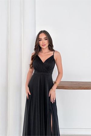 Neşeli butik kadın ayarlanabilir askılı yırtmaçlı tül abiye elbise RYS9276