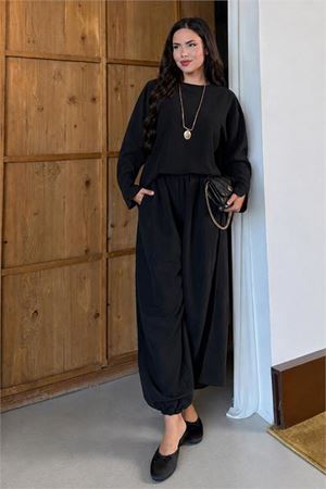 Neşeli butik kadın siyah asimetrik tunik pantolon oversize tesnsel tesettür takım NMS104