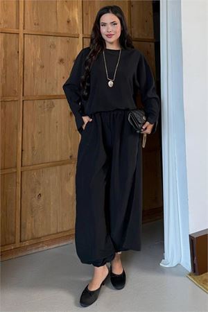 Neşeli butik kadın siyah asimetrik tunik pantolon oversize tesnsel tesettür takım NMS104