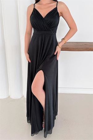 Neşeli butik kadın ayarlanabilir askılı yırtmaçlı tül abiye elbise RYS9276