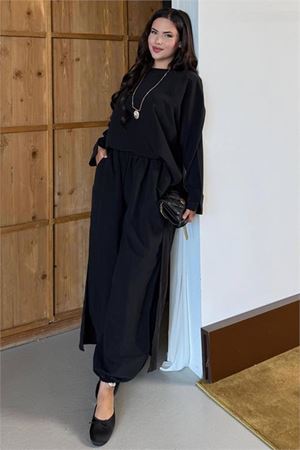 Neşeli butik kadın siyah asimetrik tunik pantolon oversize tesnsel tesettür takım NMS104