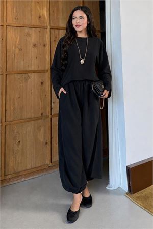 Neşeli butik kadın siyah asimetrik tunik pantolon oversize tesnsel tesettür takım NMS104