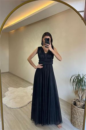 Neşeli butik kadın drapeli ışıltılı kalın askılı abiye elbise NM003
