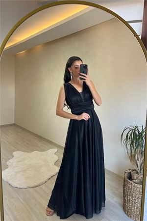 Neşeli butik kadın drapeli ışıltılı kalın askılı abiye elbise NM003