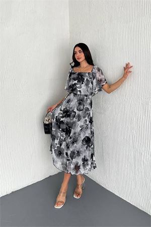 Neşeli butik kadın desenli yazlık midi boy şifon elbise NBK018