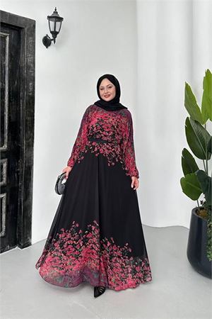 Neşeli butik kadın şifon astarlı çiçek desenli tesettür elbise NMS070