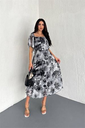 Neşeli butik kadın desenli yazlık midi boy şifon elbise NBK018