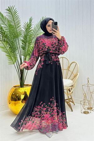 Neşeli butik kadın şifon astarlı çiçek desenli tesettür elbise NMS070