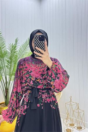 Neşeli butik kadın şifon astarlı çiçek desenli tesettür elbise NMS070