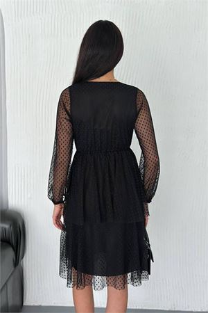 Neşeli butik kadın siyah puantiyeli katkat tül elbise NBK054