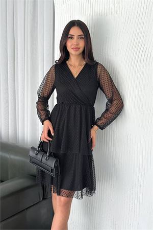 Neşeli butik kadın siyah puantiyeli katkat tül elbise NBK054