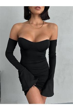 Neşeli butik kadın siyah volanlı mini kol fırfırlı elbise NBDF094