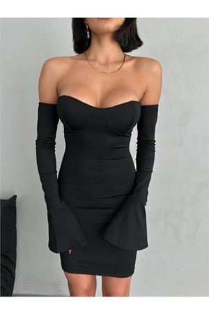 Neşeli butik kadın siyah volanlı mini kol fırfırlı elbise NBDF094