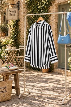 Neşeli butik kadın siyah çizgili cepli oversize kadın gömlek NBHT08