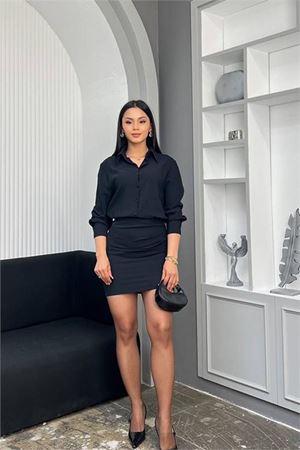 Neşeli butik kadın siyah gömlek yaka eteği drapeli mini boy düğme detaylı elbise NBMY3869