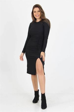 Neşeli butik kadın yırtmaç detaylı midi boy örme krep elbise SHNZ11