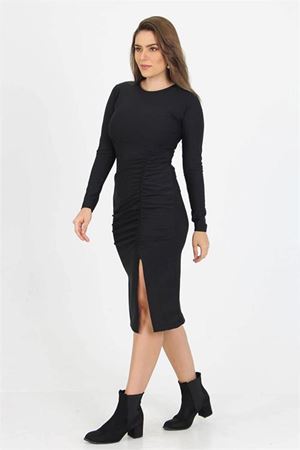 Neşeli butik kadın yırtmaç detaylı midi boy örme krep elbise SHNZ11
