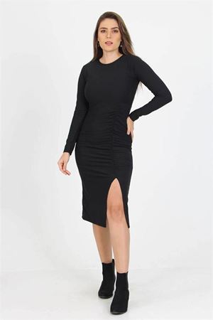 Neşeli butik kadın yırtmaç detaylı midi boy örme krep elbise SHNZ11