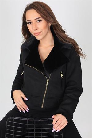 Neşeli butik kadın siyah içi kürklü biker süet ceket MYLK12