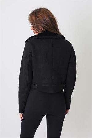 Neşeli butik kadın siyah içi kürklü biker süet ceket MYLK12