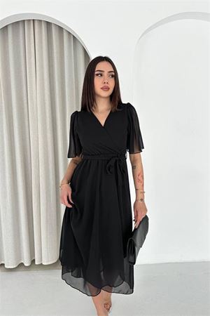 Neşeli butik kadın siyah kuşaklı kruvaze yaka anvelop şifon elbise NBK4520
