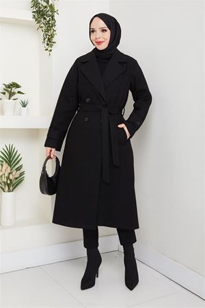Neşeli butik kadın düğme detaylı astarlı midi boy kuşaklı kaşe kaban NBFT004