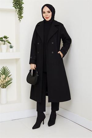 Neşeli butik kadın düğme detaylı astarlı midi boy kuşaklı kaşe kaban NBFT004