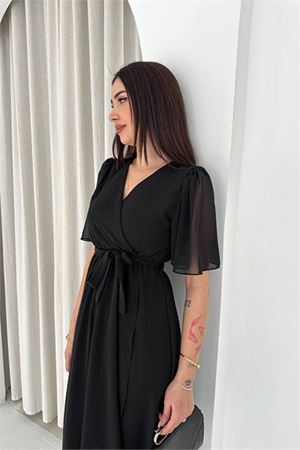 Neşeli butik kadın siyah kuşaklı kruvaze yaka anvelop şifon elbise NBK4520