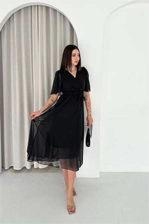 Neşeli butik kadın siyah kuşaklı kruvaze yaka anvelop şifon elbise NBK4520