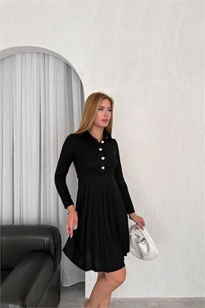 Neşeli butik kadın triko düğme detaylı piliseli mini elbise NBK2166