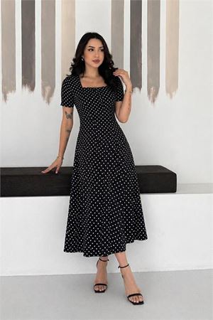 Neşeli butik kadın siyah puantiye desen kısa kol kare yaka midi boy elbise --- NBK081