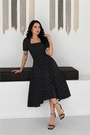 Neşeli butik kadın siyah puantiye desen kısa kol kare yaka midi boy elbise --- NBK081
