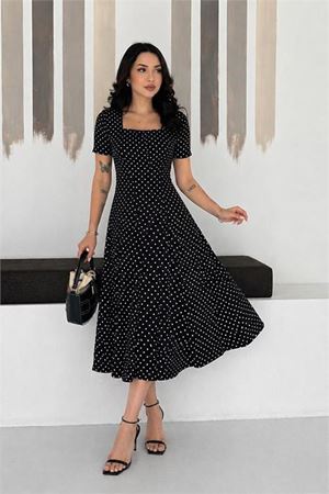 Neşeli butik kadın siyah puantiye desen kısa kol kare yaka midi boy elbise --- NBK081