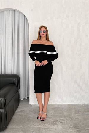 Neşeli butik kadın madonna yaka çizgi detaylı triko elbise NBK2192