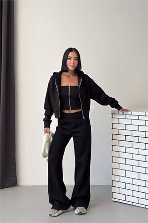 Neşeli butik kadın siyah fermuarlı 3 iplik şardonlu üçlü yeni sezon eşofman takımı NBG6372