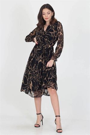 Neşeli butik kadın astarlı yeni sezon kruvaze yaka midi boy şifon elbise RSSN06