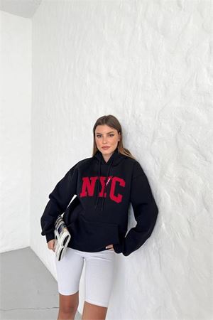 Neşeli butik kadın siyah kapuşonlu içi polar nakışlı sweat NBG033