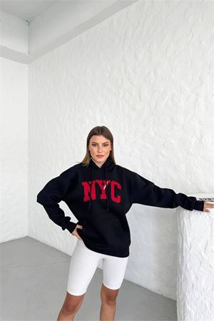 Neşeli butik kadın siyah kapuşonlu içi polar nakışlı sweat NBG033