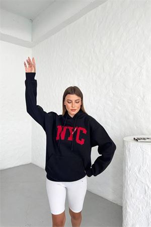 Neşeli butik kadın siyah kapuşonlu içi polar nakışlı sweat NBG033