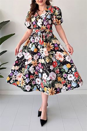 Neşeli butik kadın kuşaklı poplin kumaş desenli elbise NBMY3467
