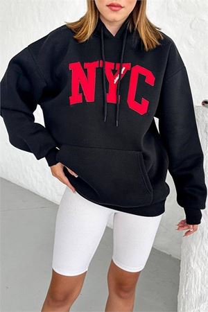 Neşeli butik kadın siyah kapuşonlu içi polar nakışlı sweat NBG033