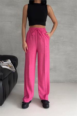 Neşeli butik kadın fuşya keten cepli palazzo pantolon NBG002