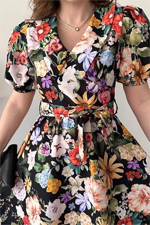 Neşeli butik kadın kuşaklı poplin kumaş desenli elbise NBMY3467