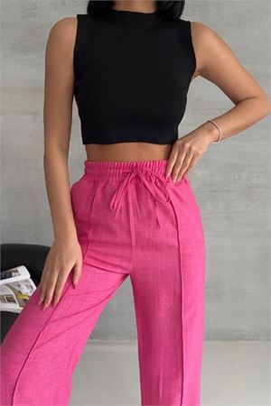 Neşeli butik kadın fuşya keten cepli palazzo pantolon NBG002